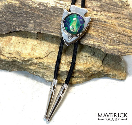Shiny silver arrowhead bolo with hand painted stone from the Party Gras collection