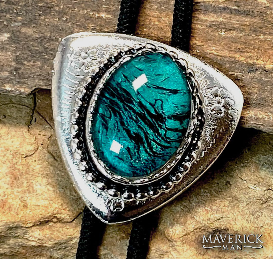 Medium silver collar tips with hand painted teal stones - BOLO TIE AVAILABLE