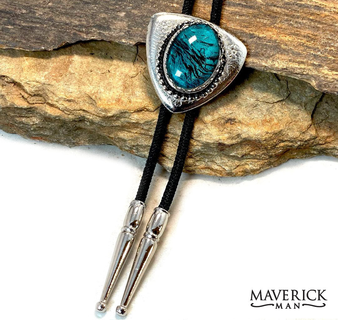 Medium silver collar tips with hand painted teal stones - BOLO TIE AVAILABLE