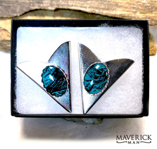 Medium silver collar tips with hand painted teal stones - BOLO TIE AVAILABLE