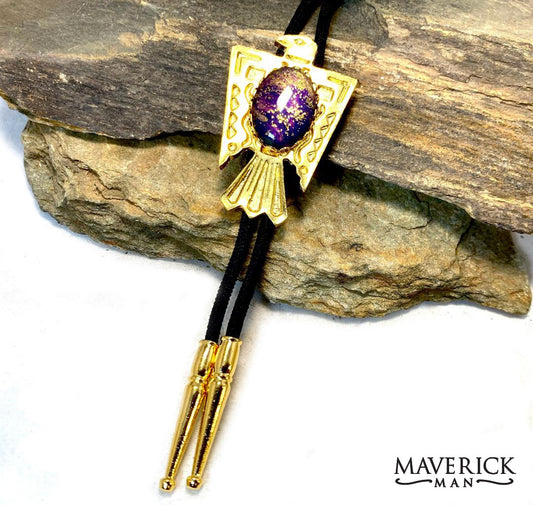 Golden thunderbird bolo with purple and gold hand painted stone