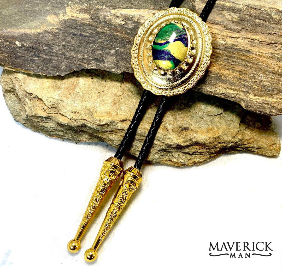 Golden concho bolo with Party Gras hand painted stone