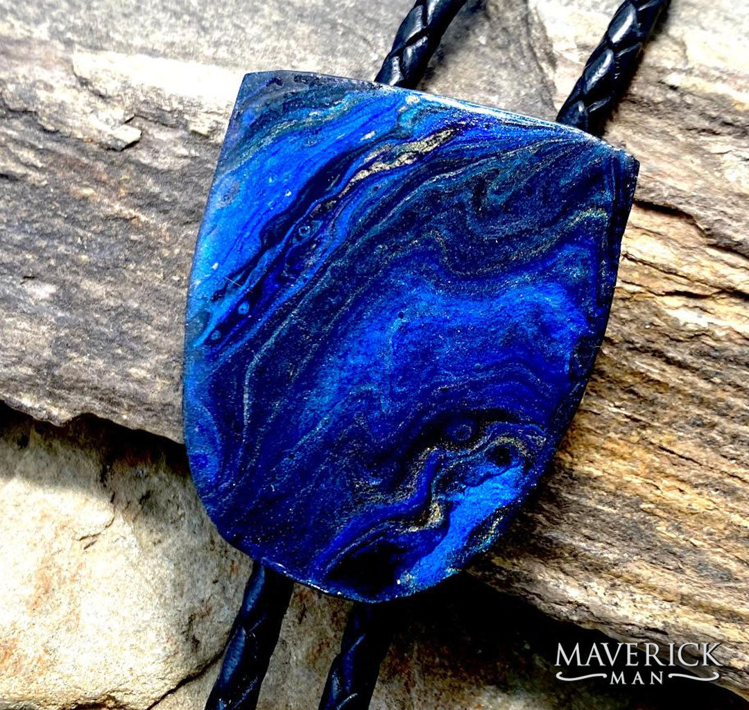Royal blue with gold and black hand painted slate bolo