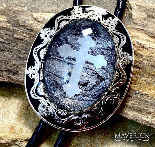 Dressy Christian bolo tie with hand painted stone