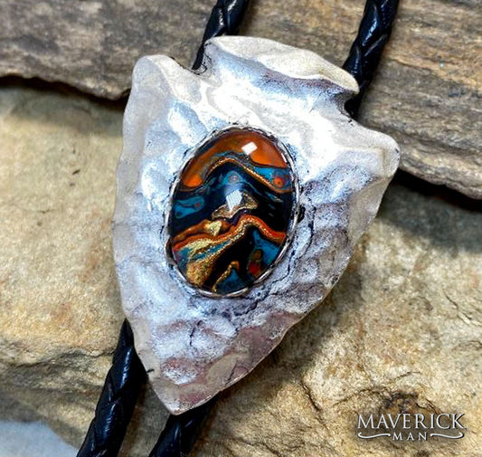 Hammered silver arrowhead bolo with hand painted southwestern stone