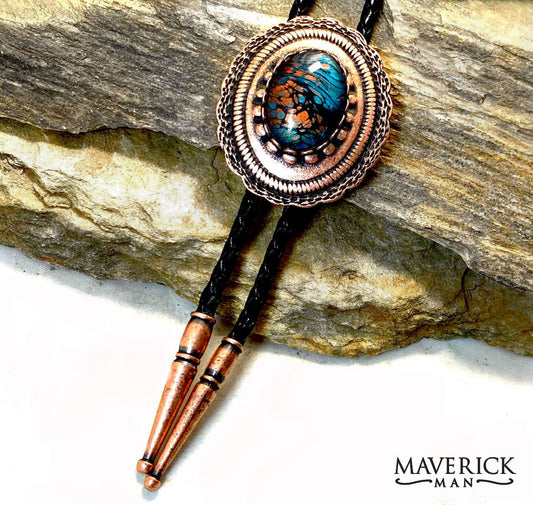 Copper concho bolo with hand painted turquoise and copper stone