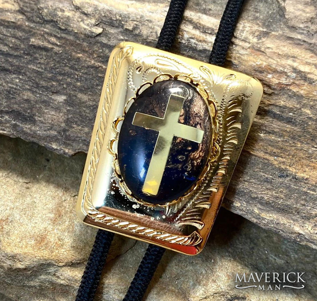 Golden Christian bolo with foil cross and hand painted stone