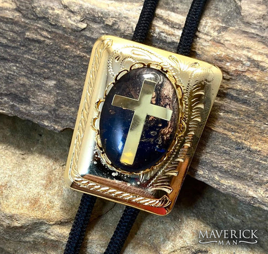 Golden Christian bolo with foil cross and hand painted stone