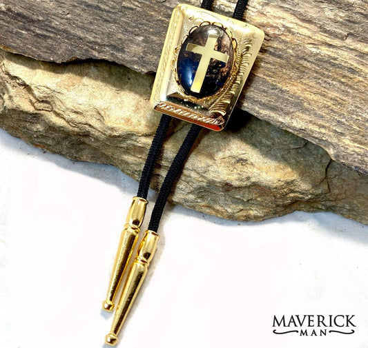 Golden Christian bolo with foil cross and hand painted stone