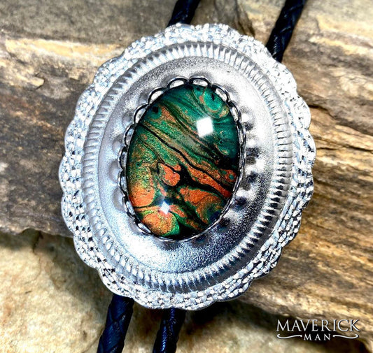 Handsome silver concho bolo with green hand painted stone