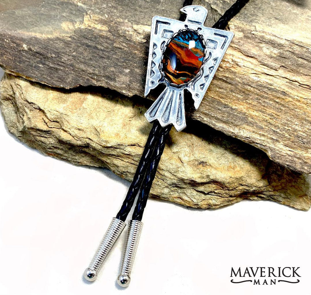 Handsome southwestern hand painted stone in our large thunderbird bolo