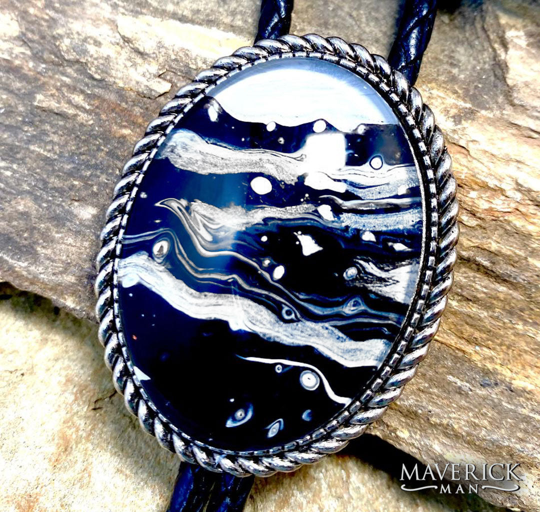 Silver braided bolo with black and white hand painted stone
