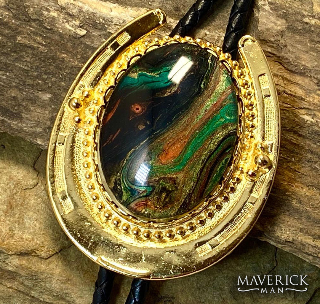 Golden horseshoe bolo with hand painted stone