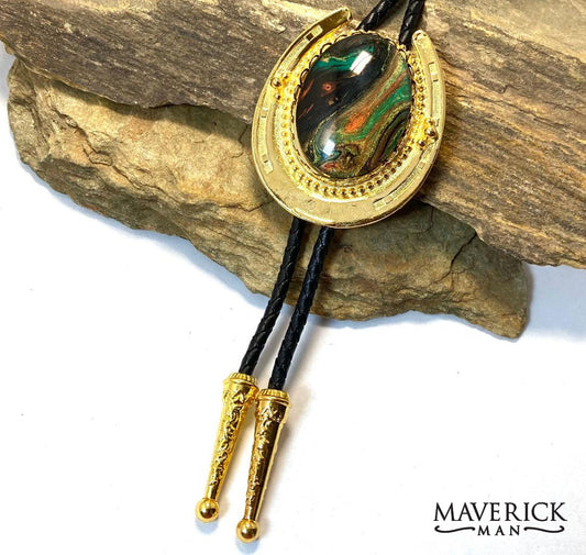 Golden horseshoe bolo with hand painted stone