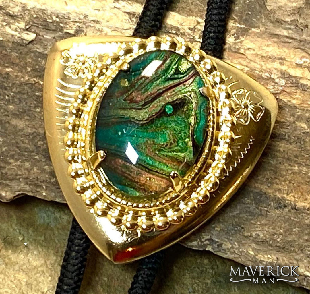 Smaller golden triangular bolo with green hand painted stone