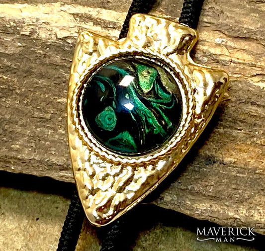 Hammered golden arrowhead bolo with green hand painted stone
