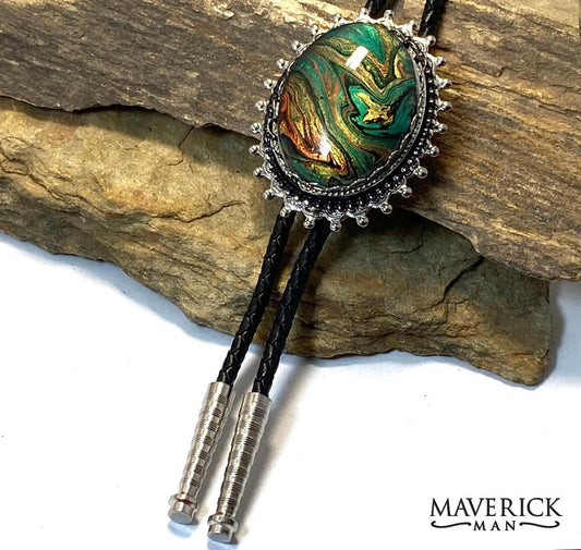 Silver spikey bolo with fabulous green hand painted stone