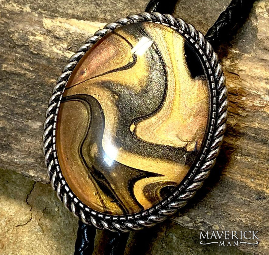 Silver braided bolo with Tiger Eye looking hand painted stone