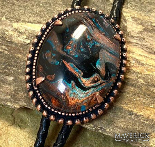 Beaded copper bolo tie with hand painted turquoise and copper stone