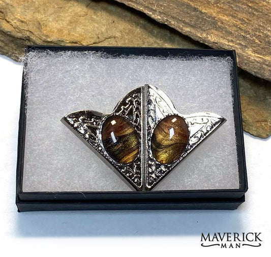 Ornate silver collar tips with our tiger eye hand painted stones