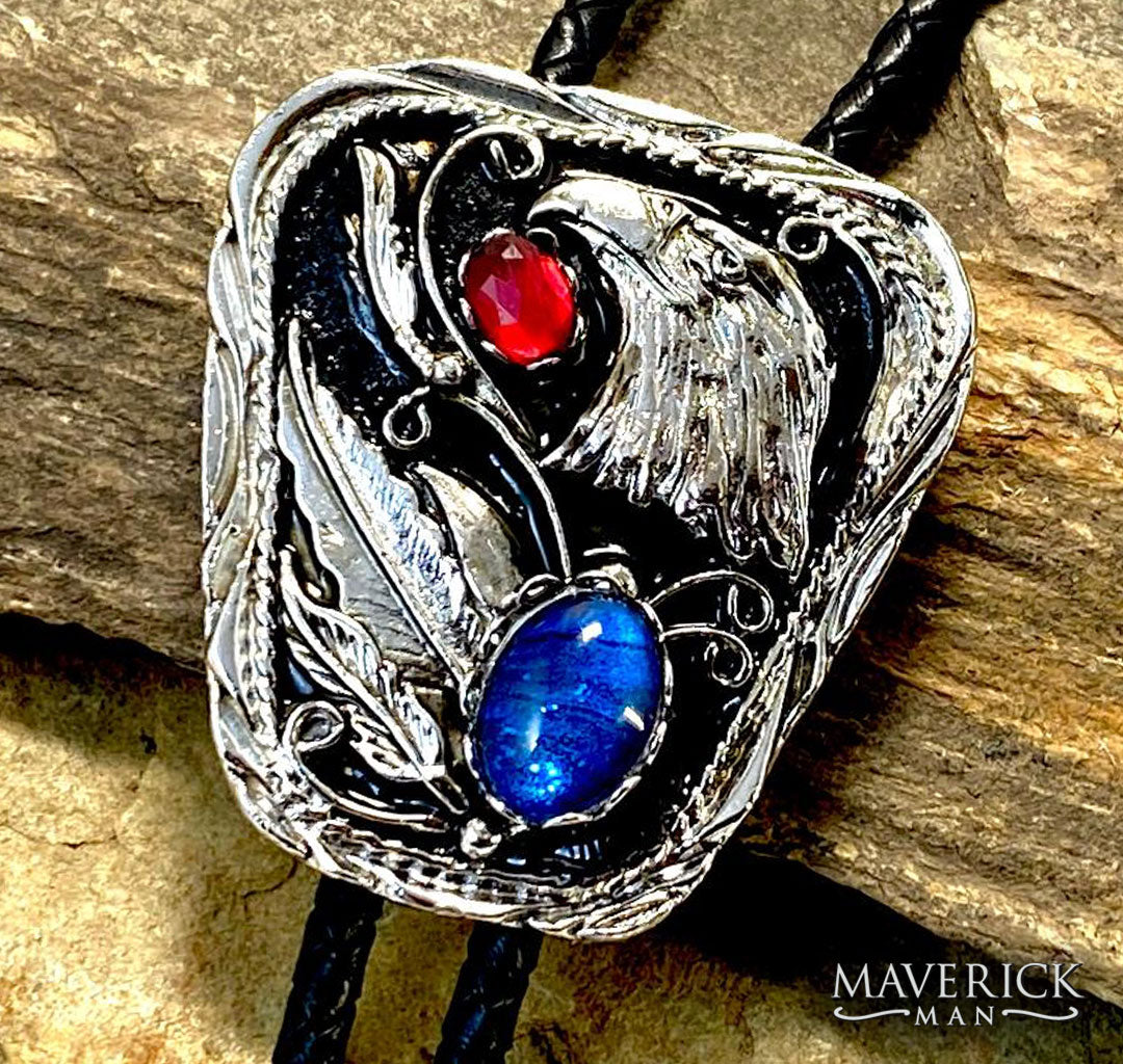 Silver eagle bolo with red and blue stones