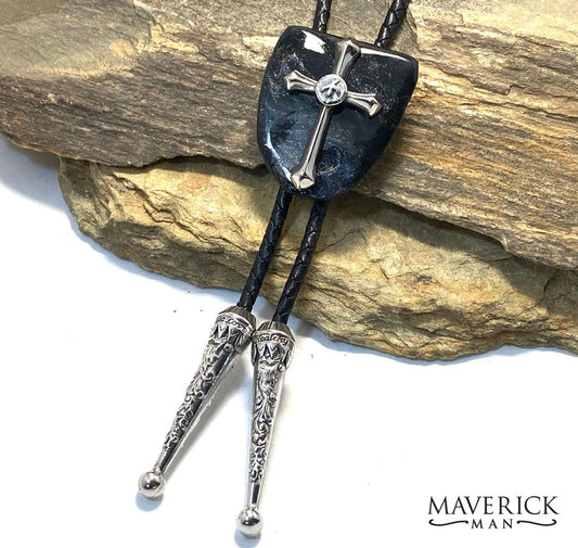 Handsome black and platinum bolo made from slate w stainless steel cross