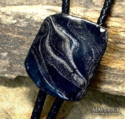 Hand painted slate bolo with our top-selling black and platinum palette