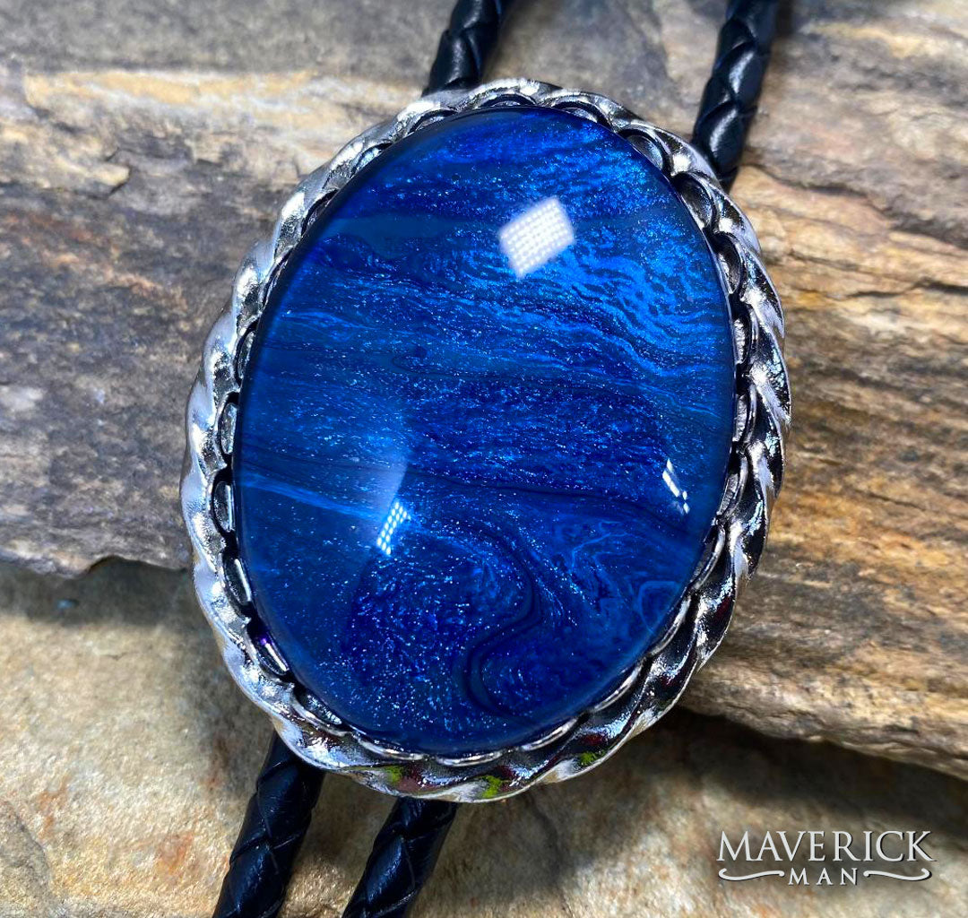 Large silver twist bolo with our new Denim palette of hand painted stones