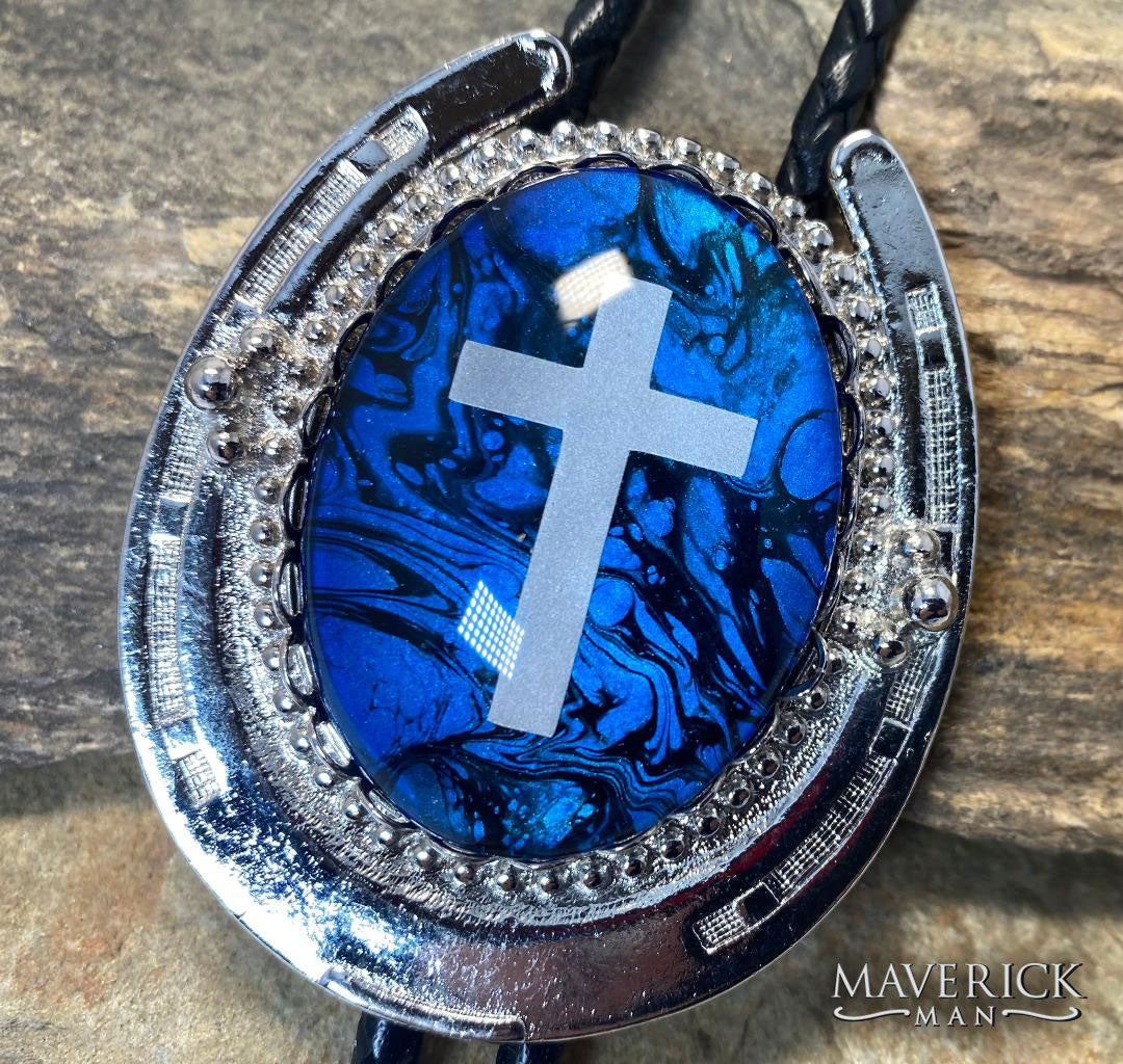 Silver horseshoe bolo with holographic cross on our hand painted stone