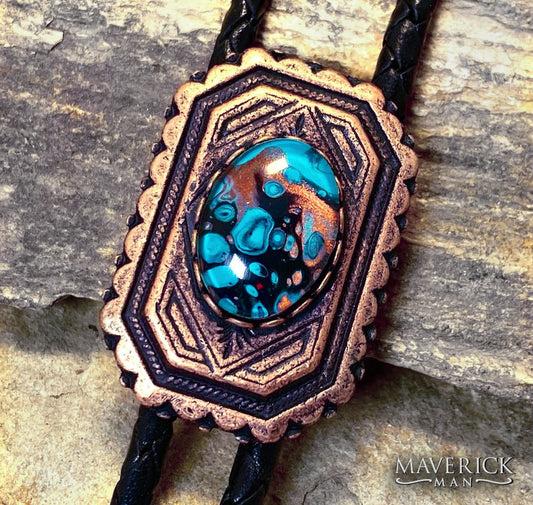 Smaller geometric copper bolo tie with hand painted turquoise black and copper stone