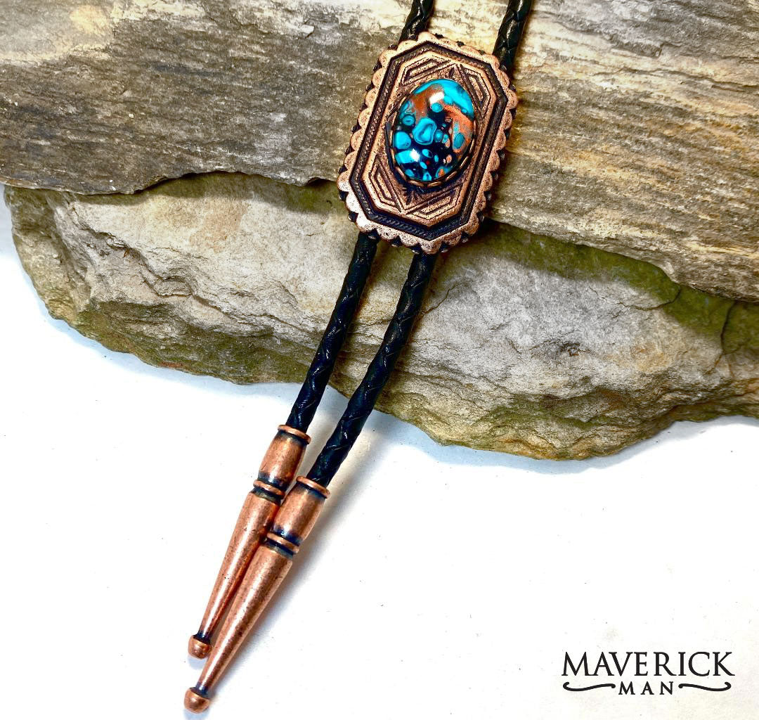 Smaller geometric copper bolo tie with hand painted turquoise black and copper stone