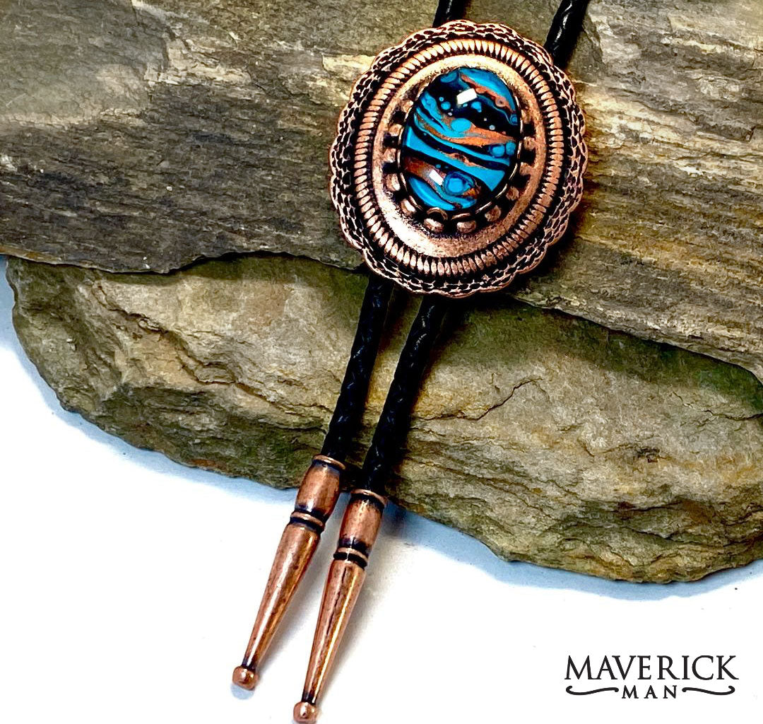 Copper concho bolo with hand painted turquoise black and copper stone