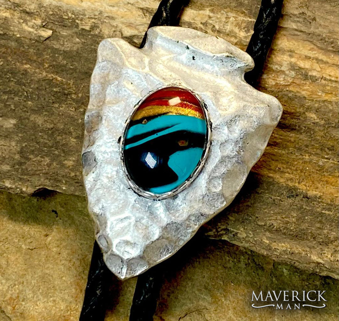 Hammered silver arrowhead bolo with a southwestern hand painted stone