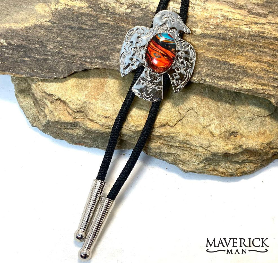 Lightweight thunderbird bolo with hand painted southwestern stone