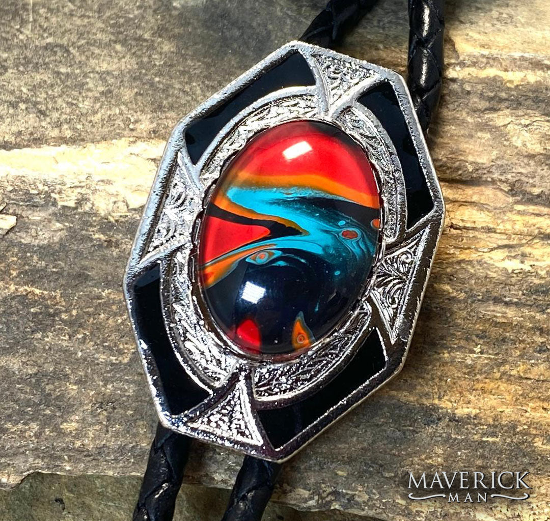 Dressy silver geometric bolo with striking hand painted southwestern stone