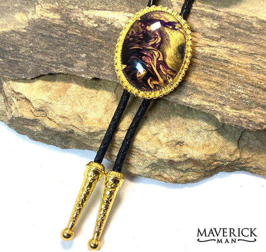 Large golden beaded bolo with eye-catching hand painted stone