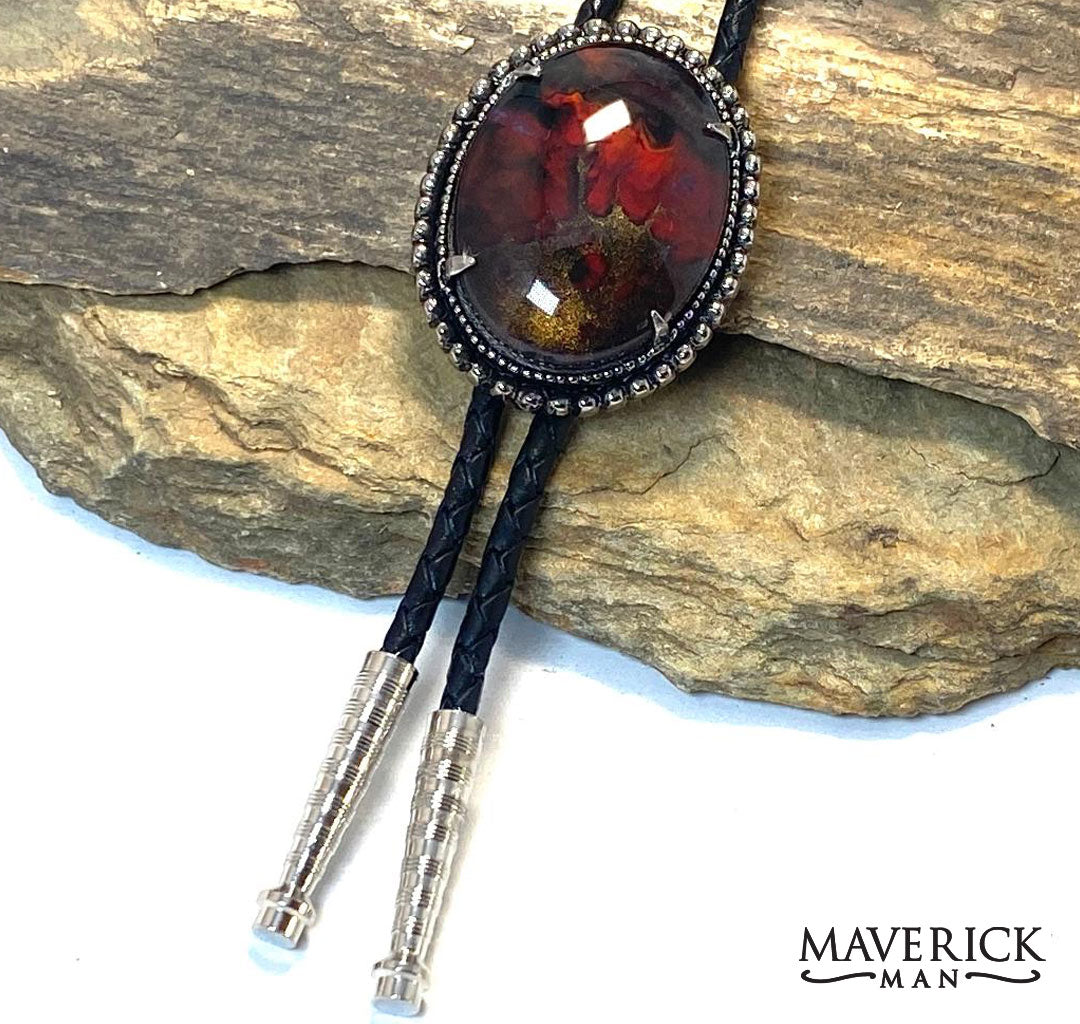 Unusual large silver beaded bolo with hand painted stone