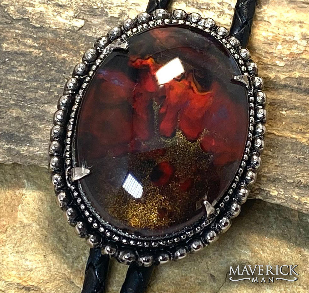 Unusual large silver beaded bolo with hand painted stone