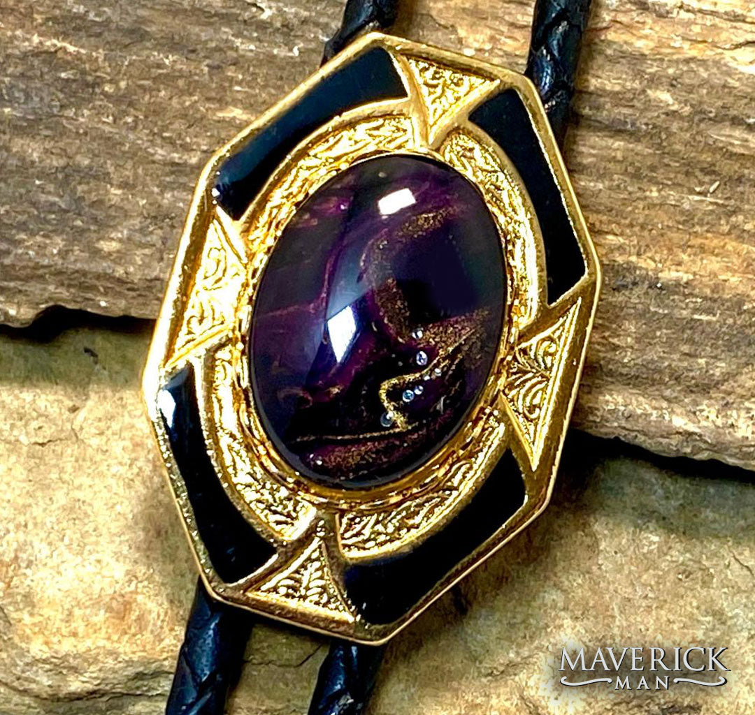 Golden dressy geometric bolo with eye-catching hand painted stone