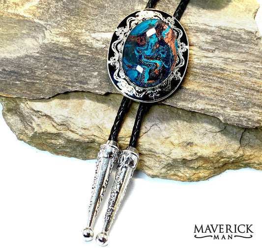 Large dressy bolo with hand painted turquoise black and copper stone