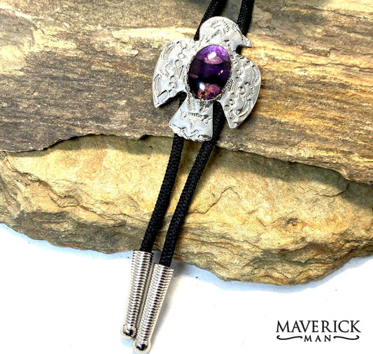 Classic thunderbird bolo tie with purple hand painted stone