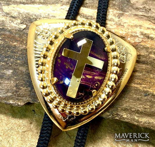 Golden triangular bolo tie with eye-catching hand painted stone