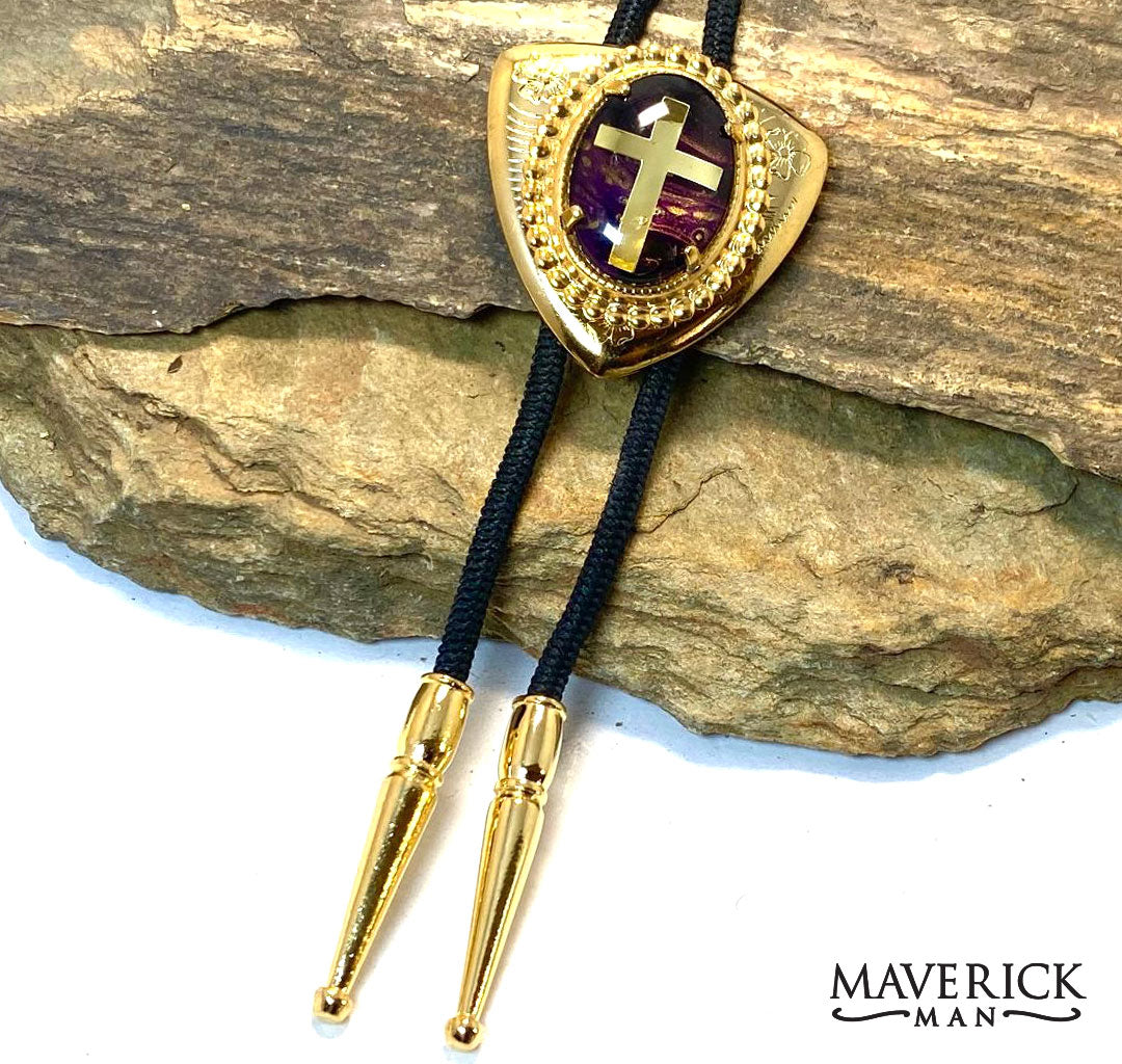 Golden triangular bolo tie with eye-catching hand painted stone