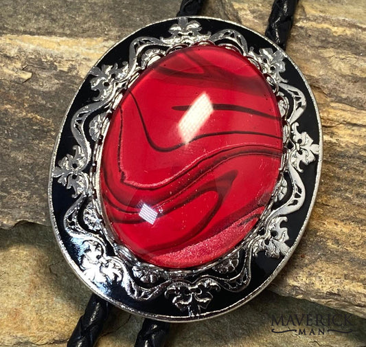 Red and black bolo tie and buckle set with our special hand painted stones