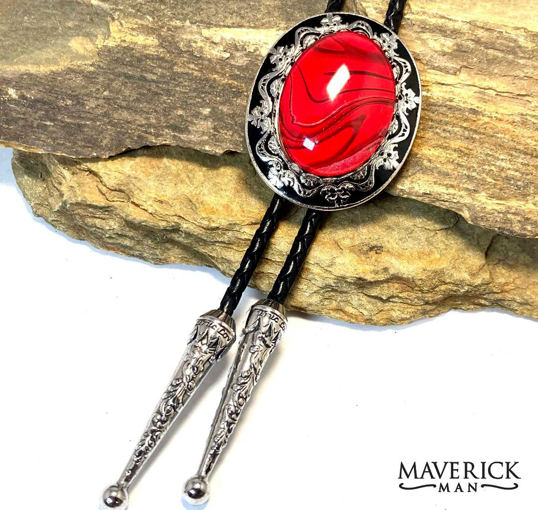 Red and black bolo tie and buckle set with our special hand painted stones