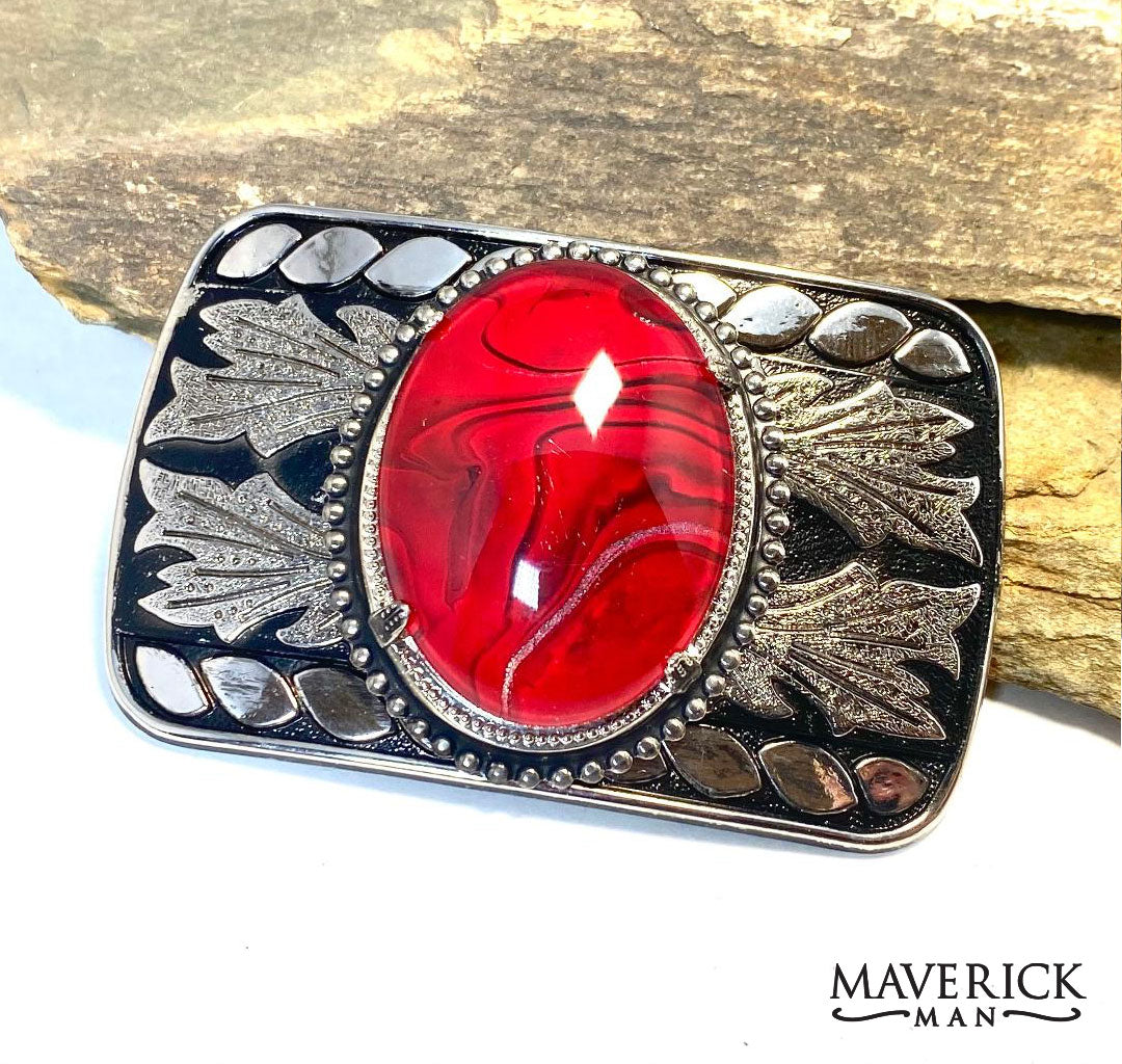 Red and black bolo tie and buckle set with our special hand painted stones