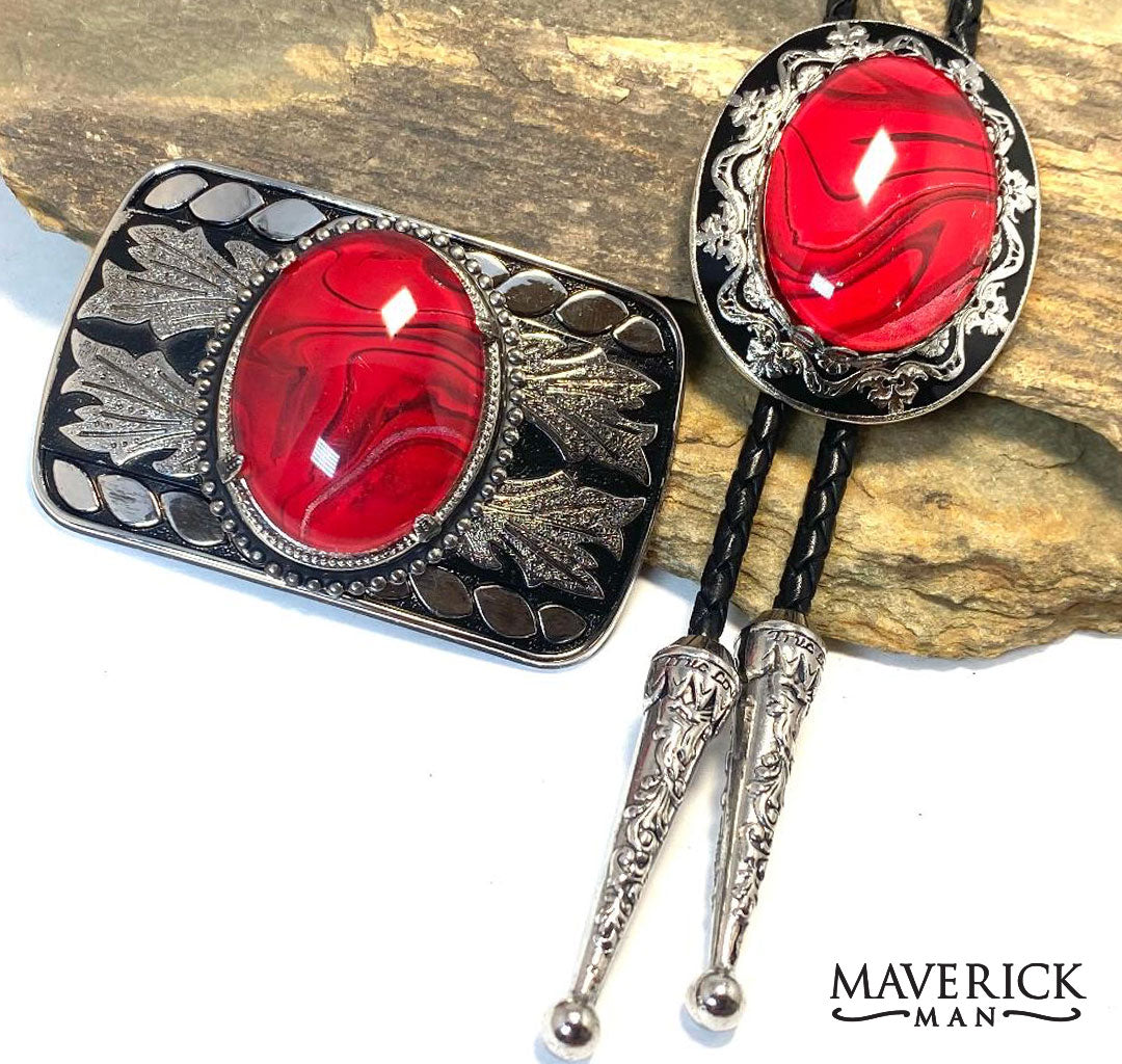 Red and black bolo tie and buckle set with our special hand painted stones