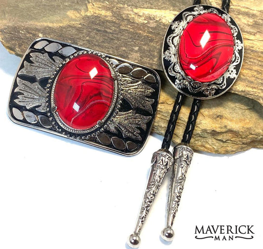 Red and black bolo tie and buckle set with our special hand painted stones