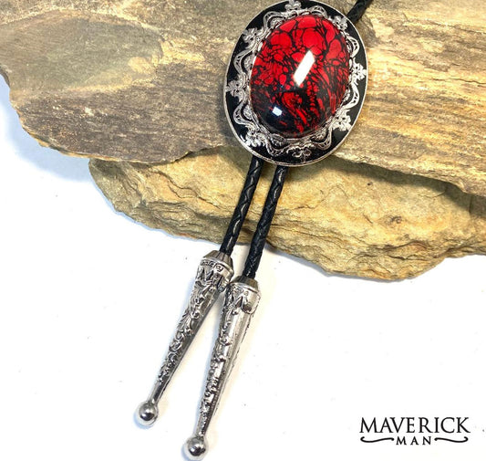 Handsome red and black bolo and buckle set with our special hand painted stones