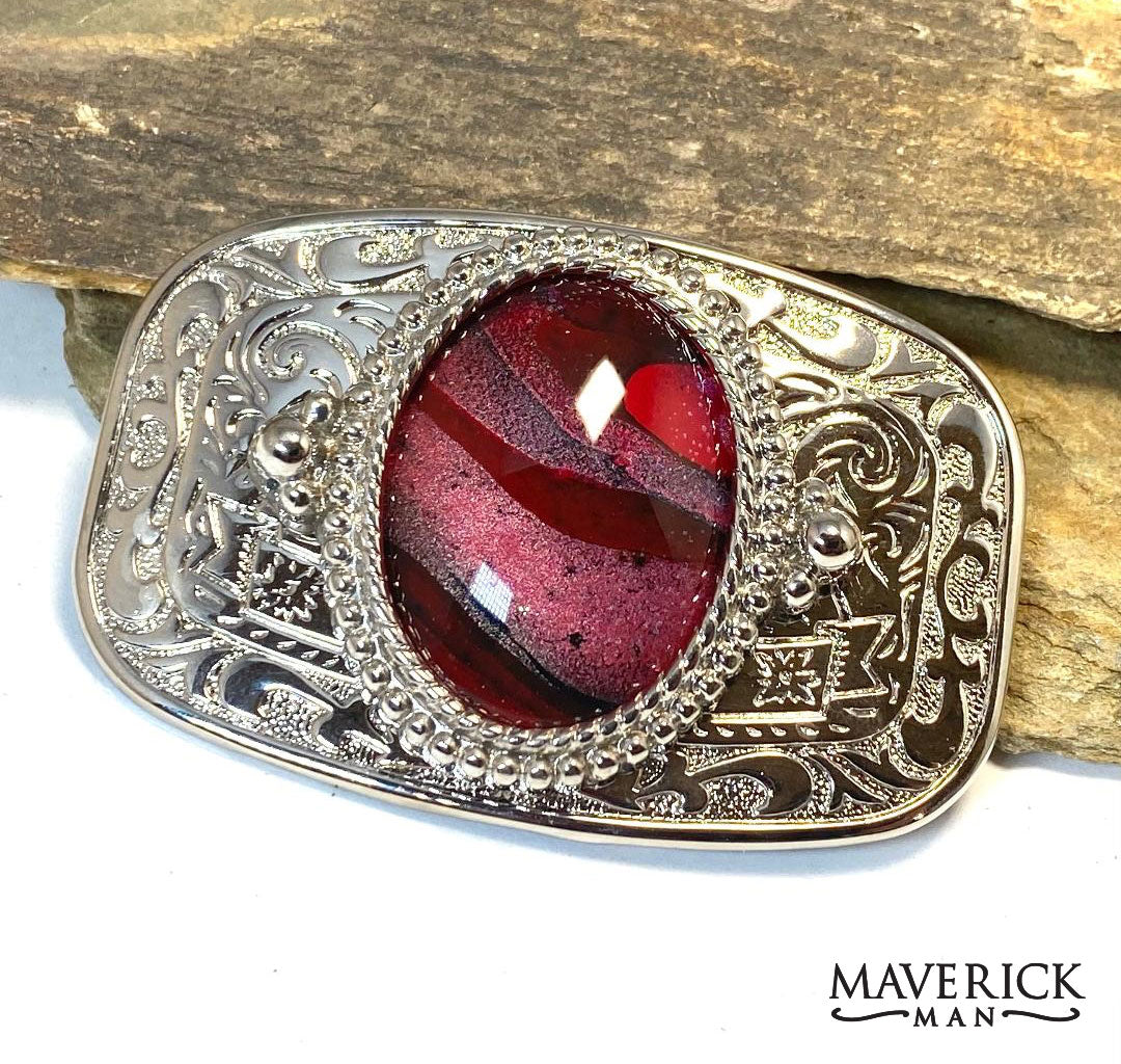 Good looking red and black belt buckle with our special hand painted stones